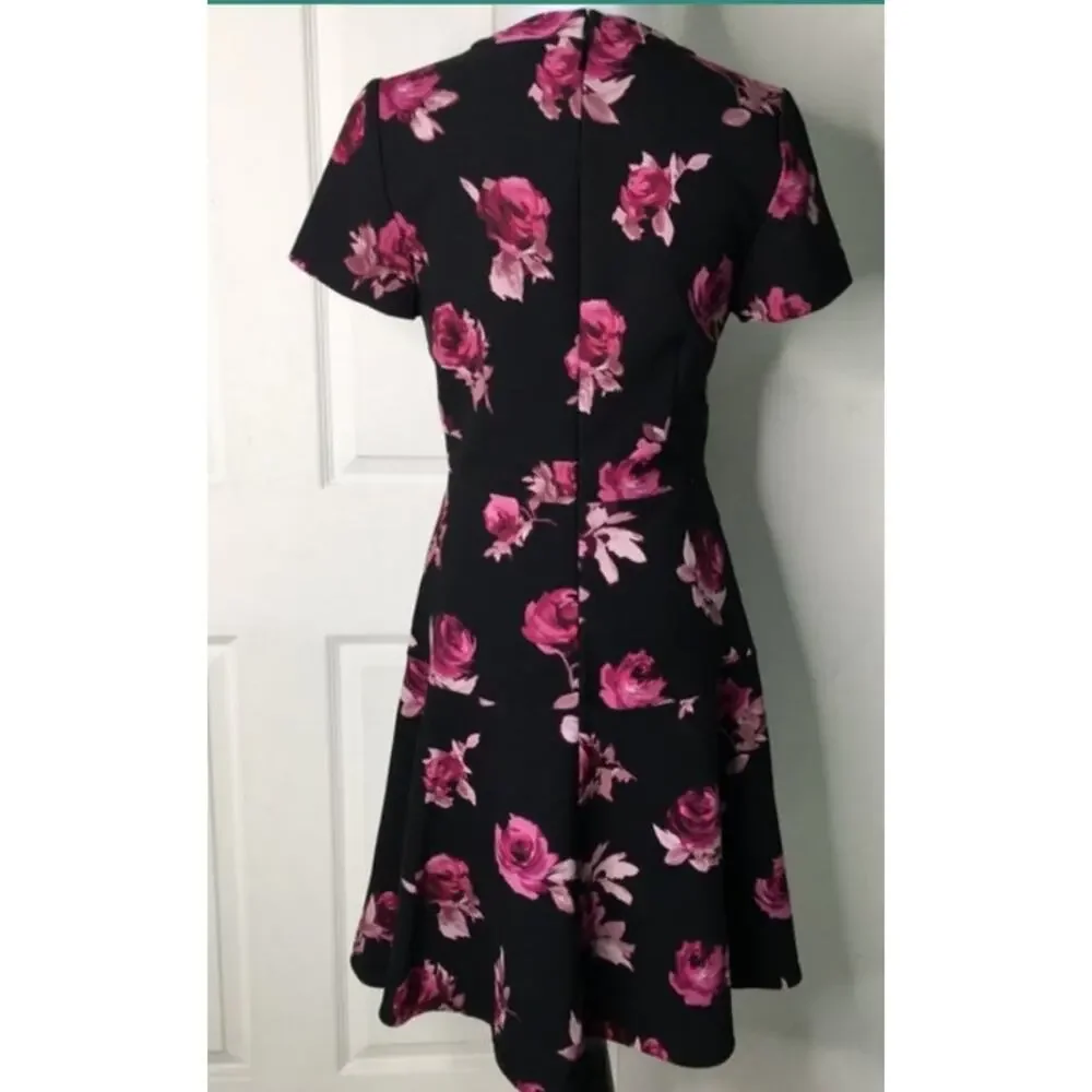 Kate Spade Womens Open Flare Dress size 4 Black Floral Roses Short Sleeve
